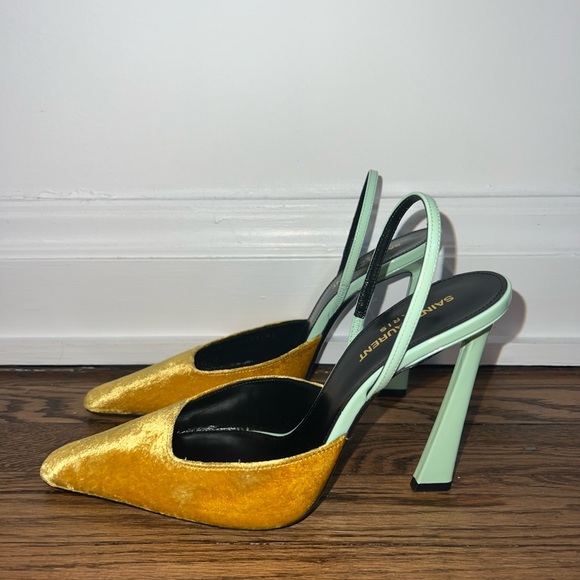 Saint Laurent Velvet Heels in Yellow and Mint - Picture 1 of 5